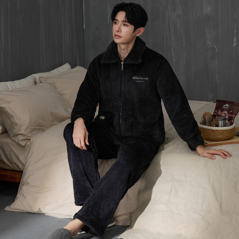 Flannel Shirt Lined - Thicken Men Pajamas Set Winter Solid