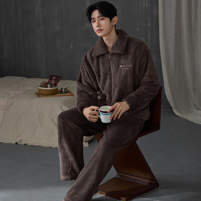 Thicken Men Pajamas Set Winter - Flannel Shirt Lined 评论和价格